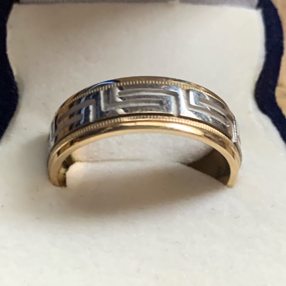 Simal 14K White & Yellow Gold Greek Key Band Ring